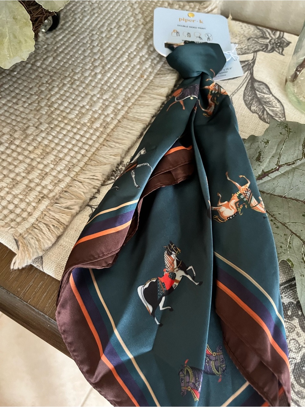 Piper K Equestrian Horse Print Silky Scarf NWT Double Sided Green Brown